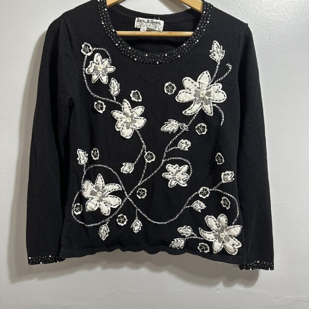 Jack B Quick Women Black Cotton Blend Cream Faux Leather Flowers Beaded Top SZ M